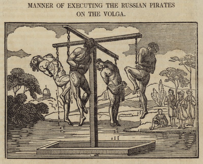 Sposób rozstrzelania rosyjskich piratów nad Wołgą (rycina) autorstwa English School