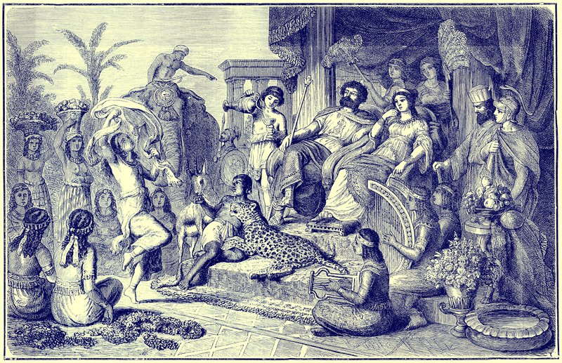 Obyczaje i obyczaje późniejszej Grecji - odświętne gospodarstwo domowe, ilustracja z Ilustrowanej Historii Świata, wydanej ok. 1880 r. (obraz ulepszony cyfrowo) autorstwa English School