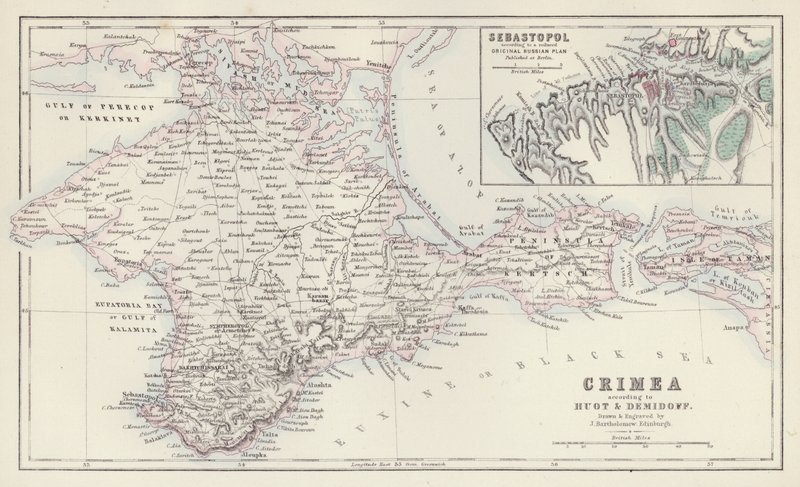 Mapa: Krym, według Huota i Demidoffa, narysowana i wygrawerowana przez J. Bartholomew, Edynburg; Sebastopol, według zredukowanego oryginalnego rosyjskiego planu opublikowanego w Berlinie (kolorowa litografia). autorstwa English School