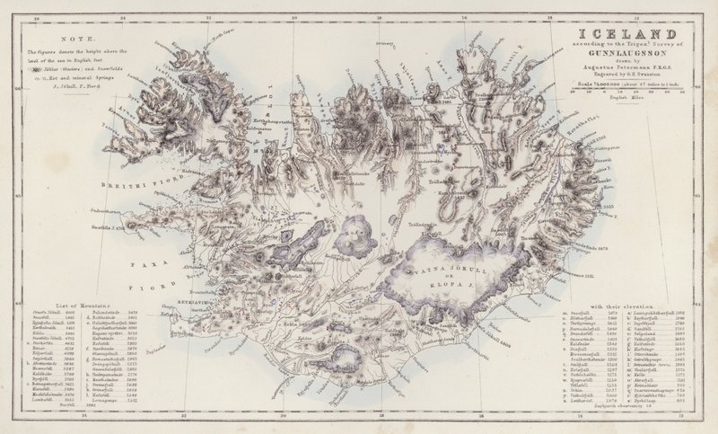 Mapa: Islandia według Trigon Survey of Gunnlaugsson narysowana przez Augustusa Petermanna (kolorowa litografia) autorstwa English School