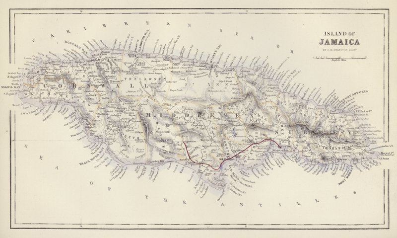 Mapa: Wyspa Jamajka, autor: G.H. Swanston, Edynburg (kolorowa litografia) autorstwa English School