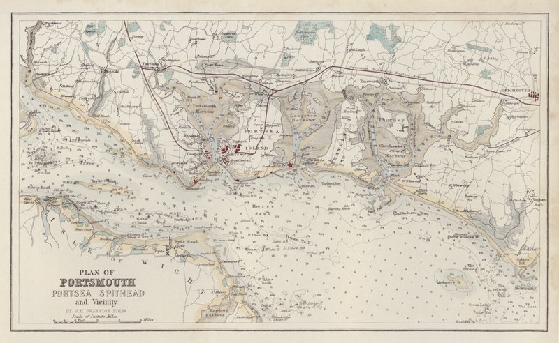 Mapa: Plan Portsmouth, Portsea Spithead i okolic, autor: G.H. Swanston, Edynburg (kolorowa litografia) autorstwa English School