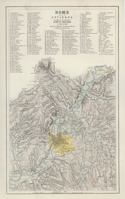 Mapa: Rzym wraz z okolicami, według Survey of Baron Moltke, w 1845 i 1846, narysowana przez Augustusa Petermanna (kolor lito) autorstwa English School