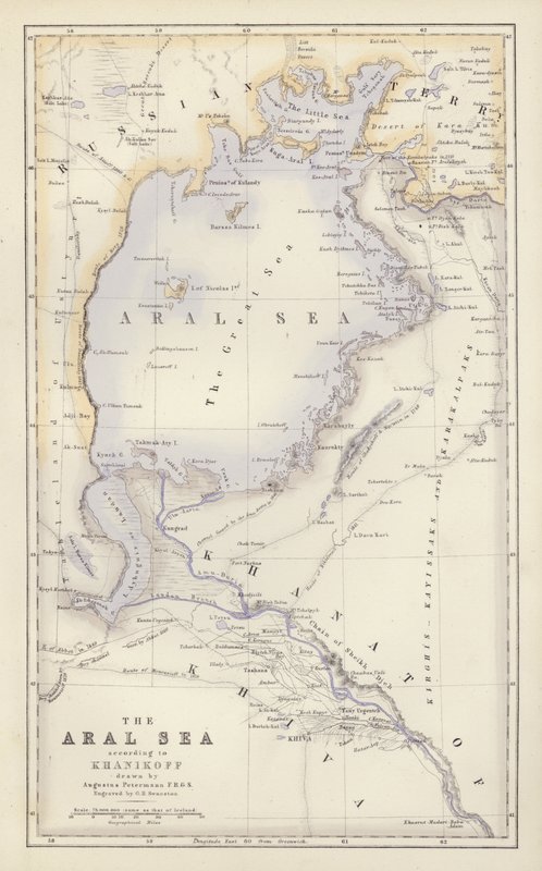 Mapa: Morze Aralskie według Khanikoffa, narysowane przez Augustusa Petermanna (litografia kolorowa) autorstwa English School