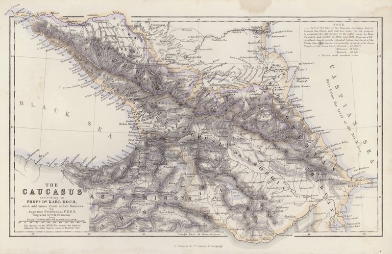 Mapa: Kaukaz, według profesora doktora Karla Kocha, z dodatkami z innych źródeł, autorstwa Augustusa Petermanna (litografia kolorowa) autorstwa English School
