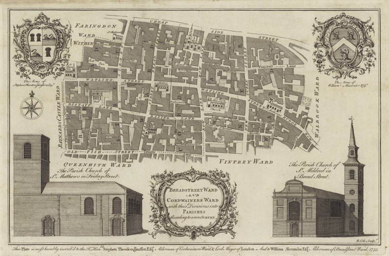 Mapa Bread Street Ward i Cordwainers Ward, Londyn autorstwa English School