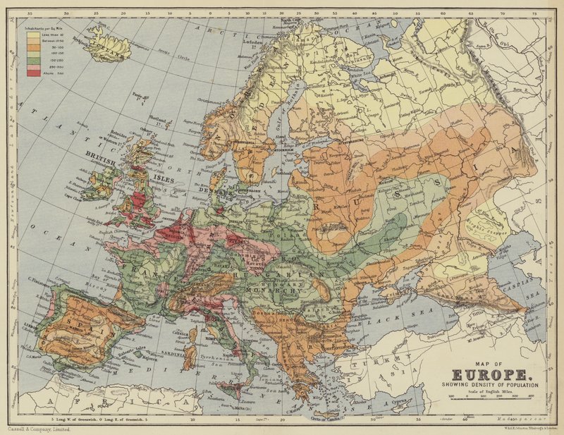 Mapa Europy pokazująca gęstość zaludnienia autorstwa English School