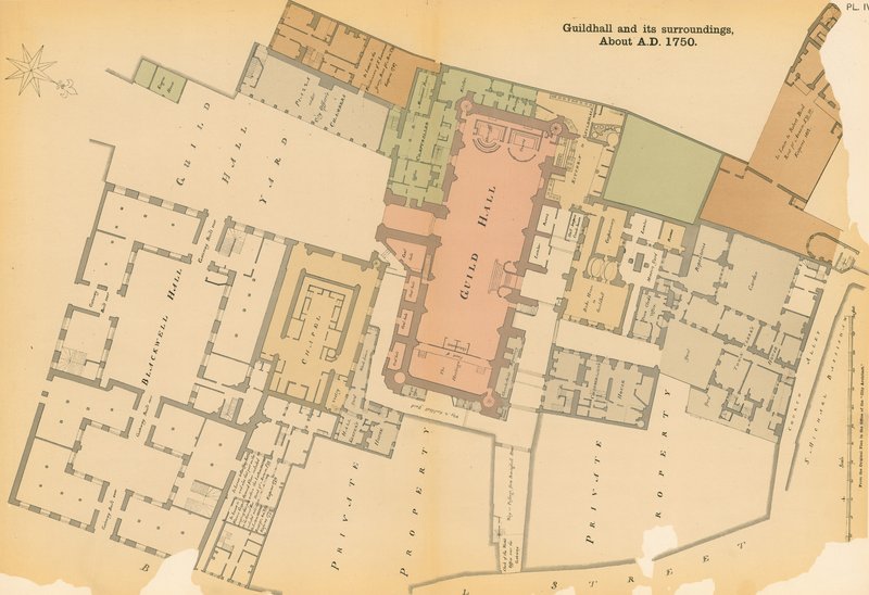 Mapa Guildhall, Londynu i okolic około 1750 autorstwa English School