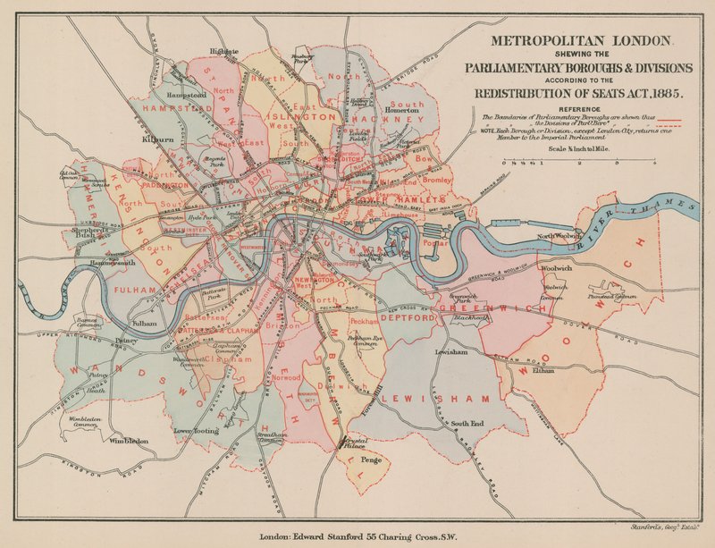 Mapa Metropolitan London przedstawiająca dzielnice i wydziały parlamentarne, 1885 autorstwa English School