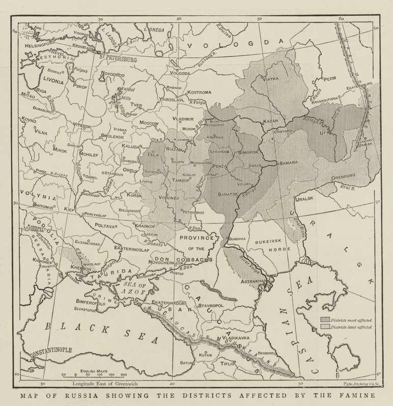 Mapa Rosji pokazująca dzielnice dotknięte głodem autorstwa English School