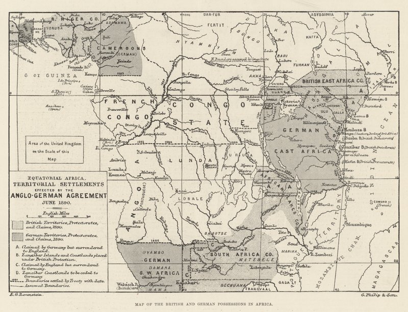Mapa posiadłości brytyjskich i niemieckich w Afryce (grawerowanie) autorstwa English School