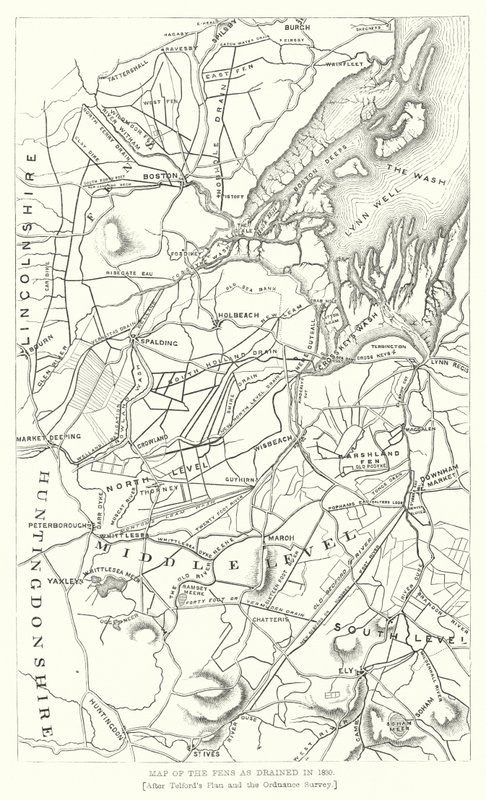 Mapa Fens osuszonych w 1830 r. (rycina) autorstwa English School