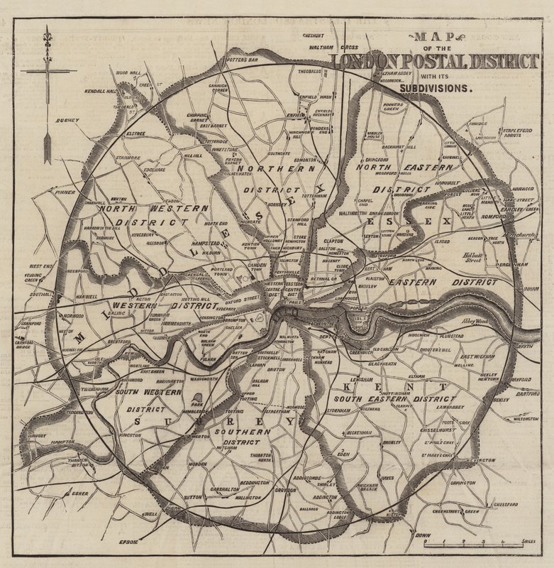Mapa londyńskich okręgów pocztowych (grawerunek) autorstwa English School