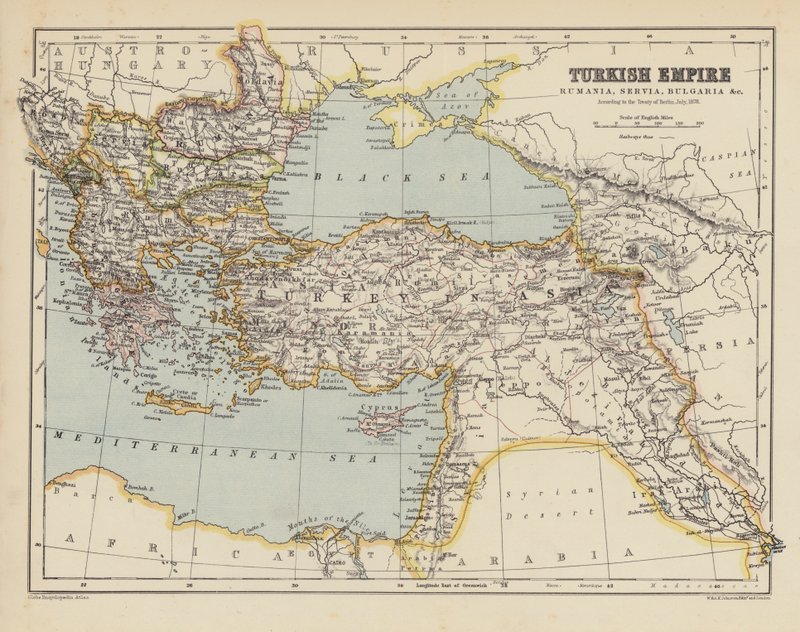 Mapa Imperium Osmańskiego (kolorowa litografia) autorstwa English School