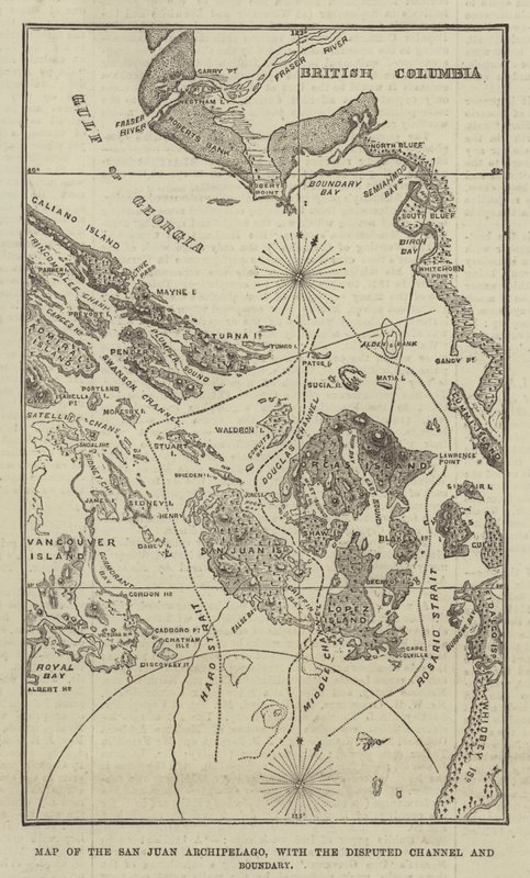 Mapa archipelagu San Juan z kanałem spornym i granicą (grawerowanie) autorstwa English School