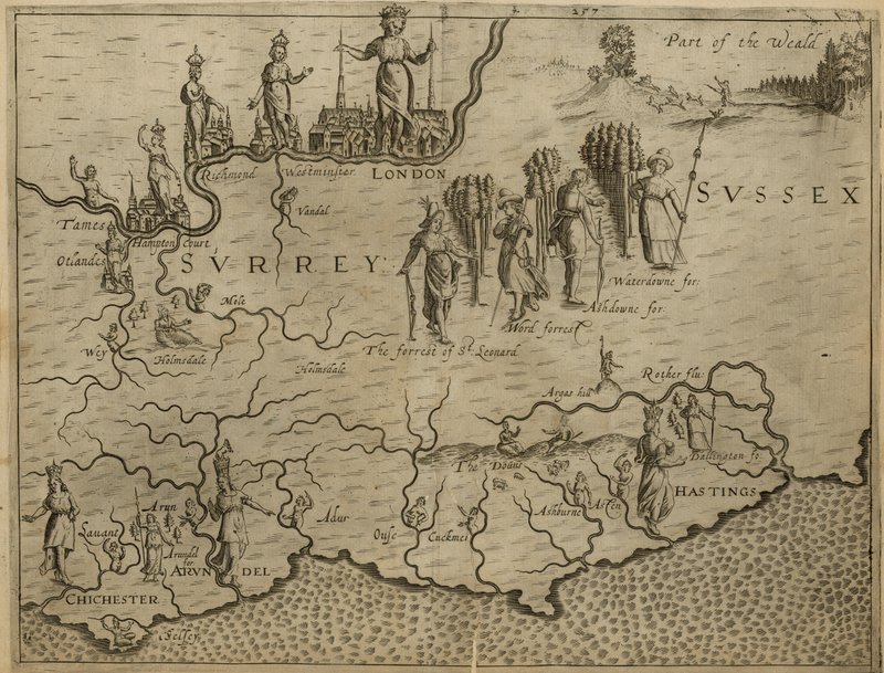 Mapa południowej Anglii, w tym Londynu, Surrey i Sussex autorstwa English School