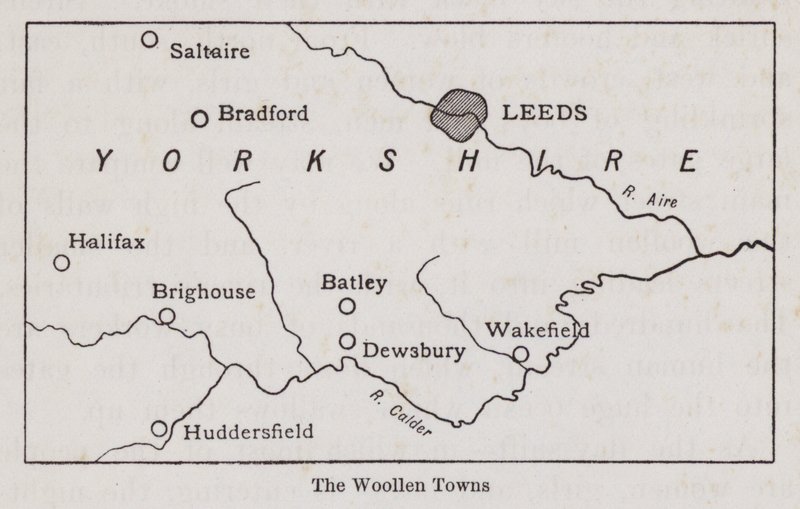 Mapa przedstawiająca Wełniane Miasta Yorkshire (lito) autorstwa English School
