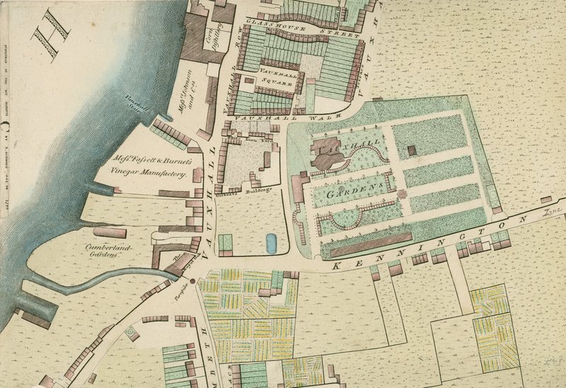 Mapa pokazująca lokalizację ogrodów Vauxhall w Londynie autorstwa English School