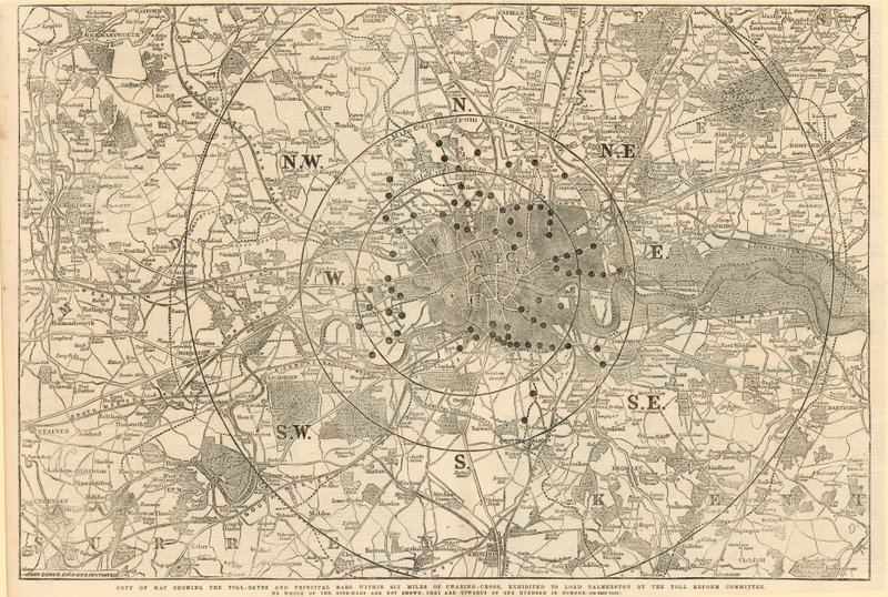 Mapa przedstawiająca bramki poboru opłat i główne słupki w promieniu 6 mil od Charing Cross, wystawiona Lordowi Palmerstonowi przez Komitet ds. Reformy Poboru Opłat autorstwa English School