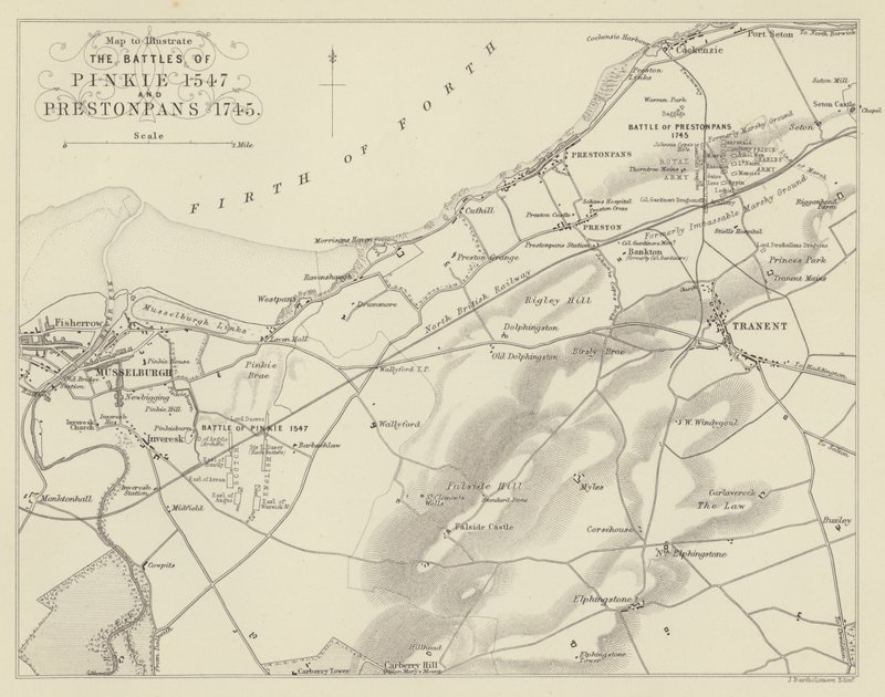 Mapa ilustrująca bitwy pod Pinkie 1547 i Prestonpans 1745 autorstwa English School
