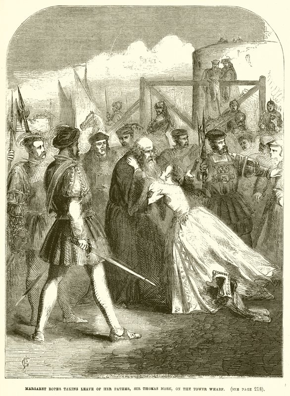 Margaret Roper żegna się ze swoim ojcem, Sir Thomasem More, na nabrzeżu Tower Wharf autorstwa English School