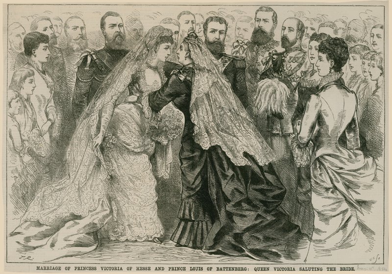 Ślub księżniczki Wiktorii Hesji i księcia Ludwika Battenberg, królowa Wiktoria pozdrawiająca pannę młodą, 16 maja 1884 autorstwa English School