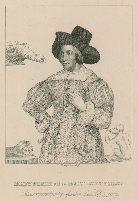 Mary Frith, alias Moll Curpurse, z rzadkiego druku z prefiksem do jej życia, 1662 autorstwa English School