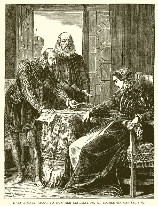 Mary Stuart o podpisaniu swojej rezygnacji, w zamku Lochleven, 1567 autorstwa English School