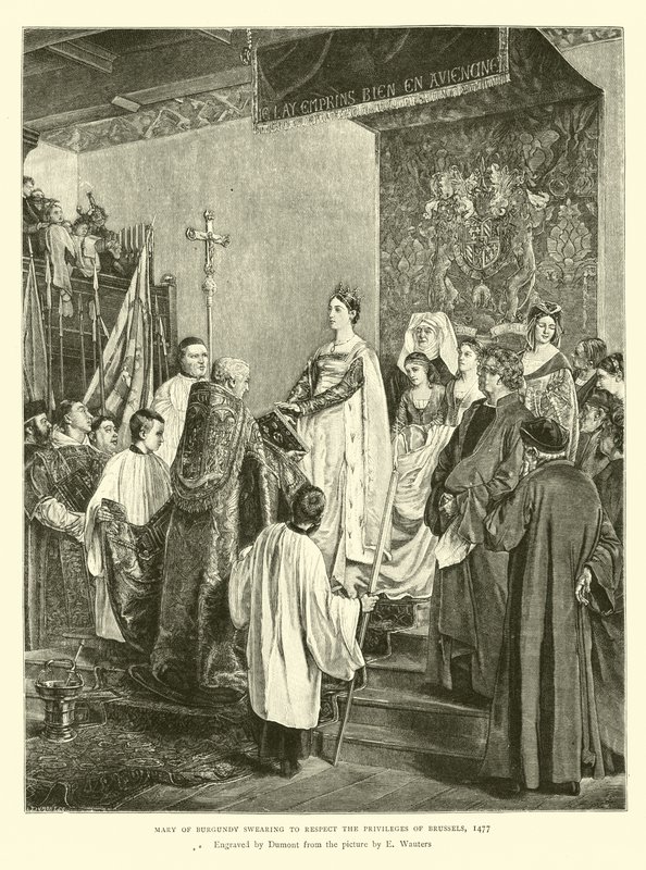 Maria Burgundzka przysięgająca szanować przywileje Brukseli, 1477 autorstwa English School