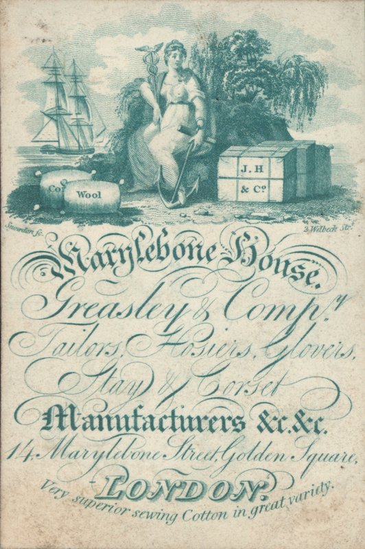 Marylebone House, Greasley & Co, krawcy, wyroby pończosznicze, rękawiczki, producenci pobytów i gorsetów, 14 Marylebone Street, Golden Square, karta handlowa autorstwa English School