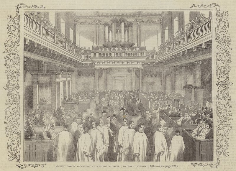 Procesja Obfitych Pieniędzy w kaplicy Whitehall, w Wielki Czwartek 1844 r. autorstwa English School