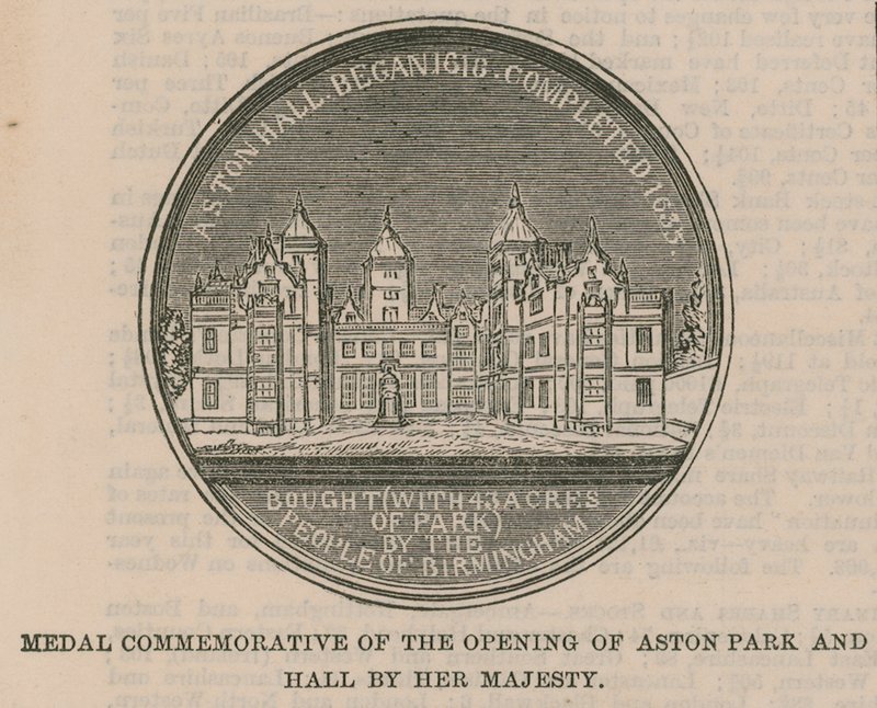 Medal upamiętniający otwarcie Aston Park and Hall przez Jej Wysokość autorstwa English School