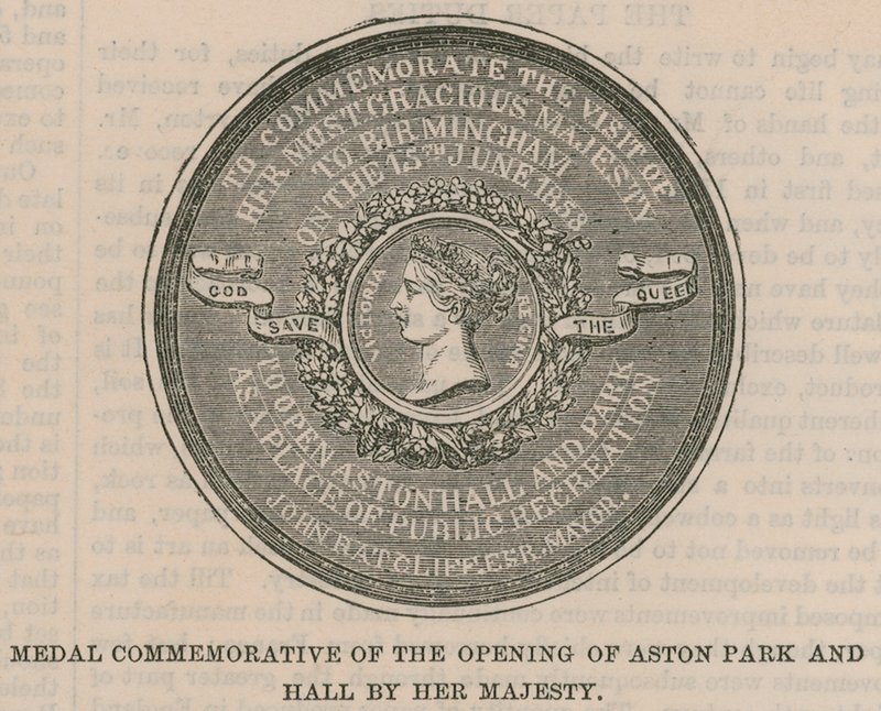 Medal upamiętniający otwarcie Aston Park and Hall przez Jej Wysokość autorstwa English School