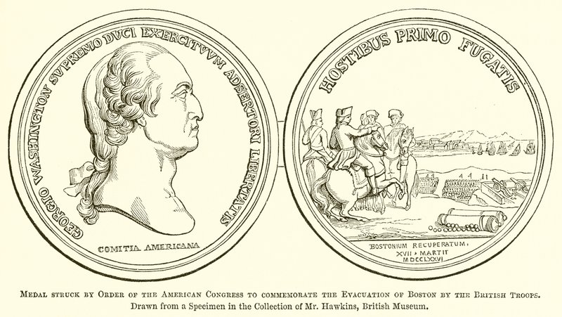 Medal wybity przez Order Kongresu Amerykańskiego w celu upamiętnienia ewakuacji Bostonu przez oddziały brytyjskie autorstwa English School