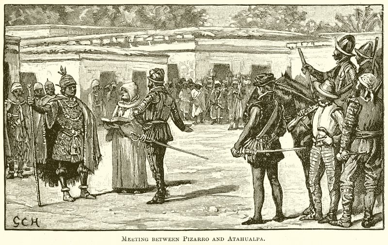 Spotkanie Pizarro i Atahualpa autorstwa English School