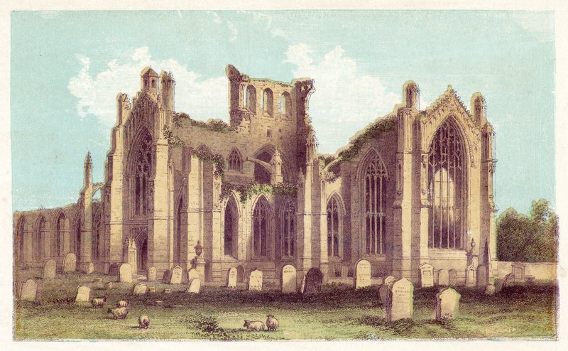 Melrose Abbey (kolorowa litografia) autorstwa English School