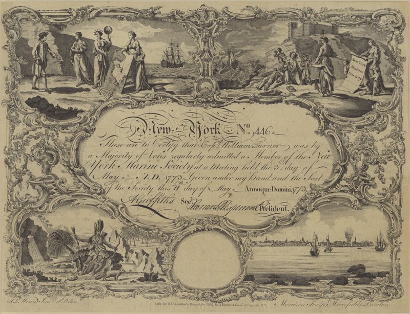 Certyfikat członkostwa w New York Marine Society, 1773 autorstwa English School