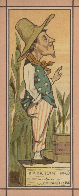 Ilustracja menu: Amerykańskie konserwy (kolorowa litografia) autorstwa English School