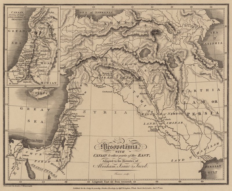 Mezopotamia z Kanaanem i innymi częściami Wschodu, przystosowane do historii Abrahama, Izaaka i Jakuba (rycina) autorstwa English School