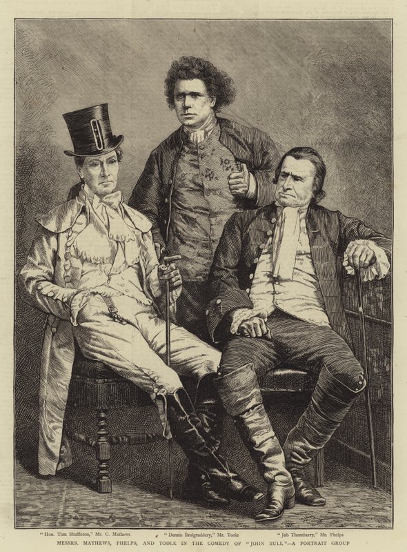 Messers Mathews, Phelps i Toole w komedii grupy portretowej „John Bull” (rycina) autorstwa English School
