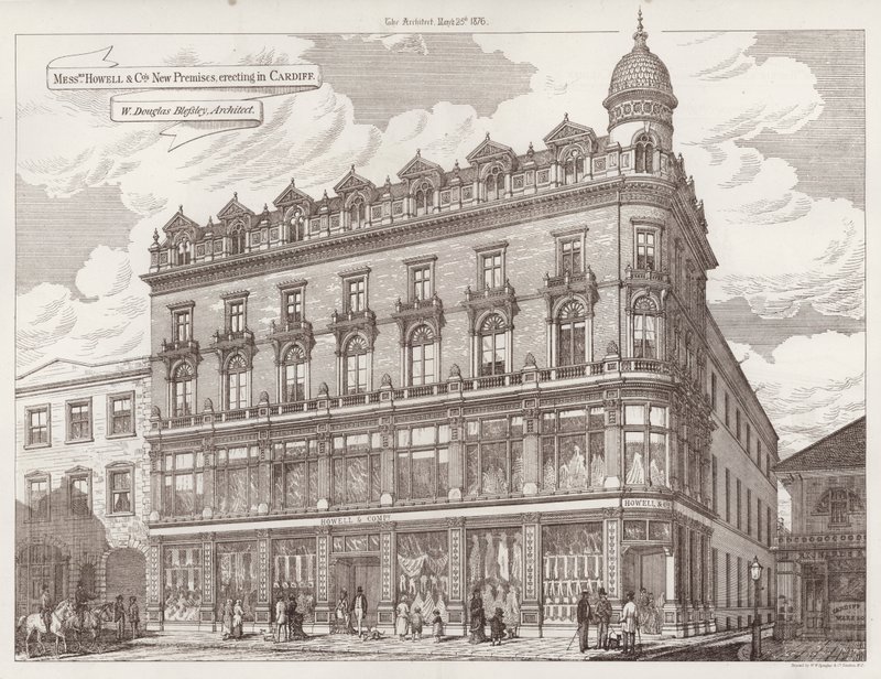 Nowa siedziba panów Howell and Co, wznoszenie w Cardiff (grawerowanie) autorstwa English School