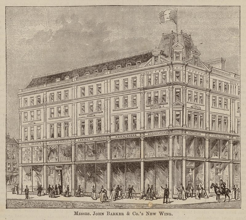 Messrs John Barker and Co, Drapers and General Warehousemen, Outfitters, Domestic Engineers, House Furnishers, and Purveyors, Kensington High Street, W (grawerunek) autorstwa English School