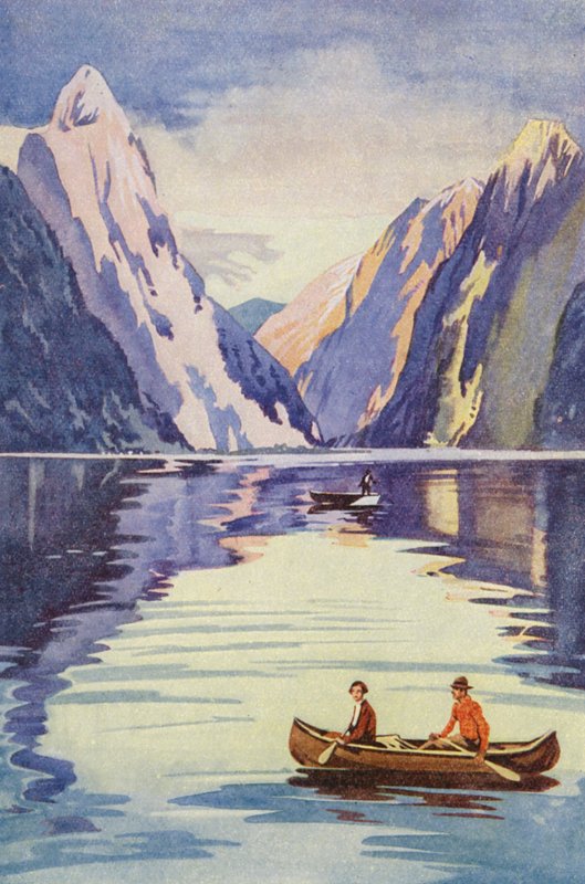 Milford Sound, Nowa Zelandia (kolorowa litografia) autorstwa English School