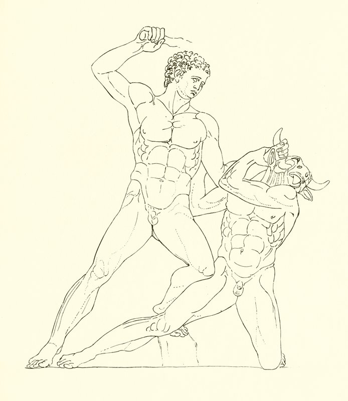 Minotaur zabity przez Tezeusza, przyjaciela Herkulesa autorstwa English School