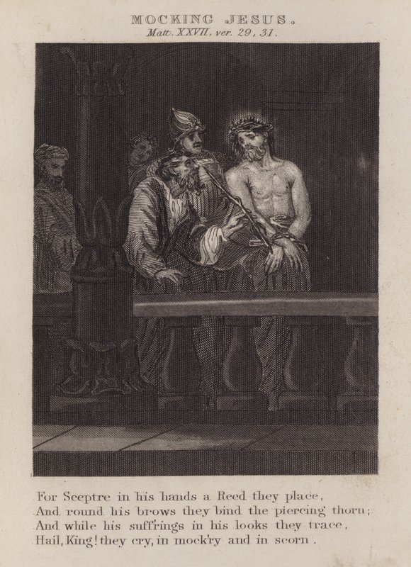 Szydząc z Jezusa, Mateusz XXVII, wer. 29, 31 (rycina) autorstwa English School