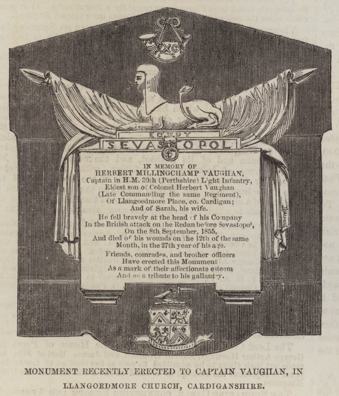 Pomnik niedawno wzniesiony kapitanowi Vaughanowi w kościele Llangoedmore w Cardiganshire (rycina) autorstwa English School
