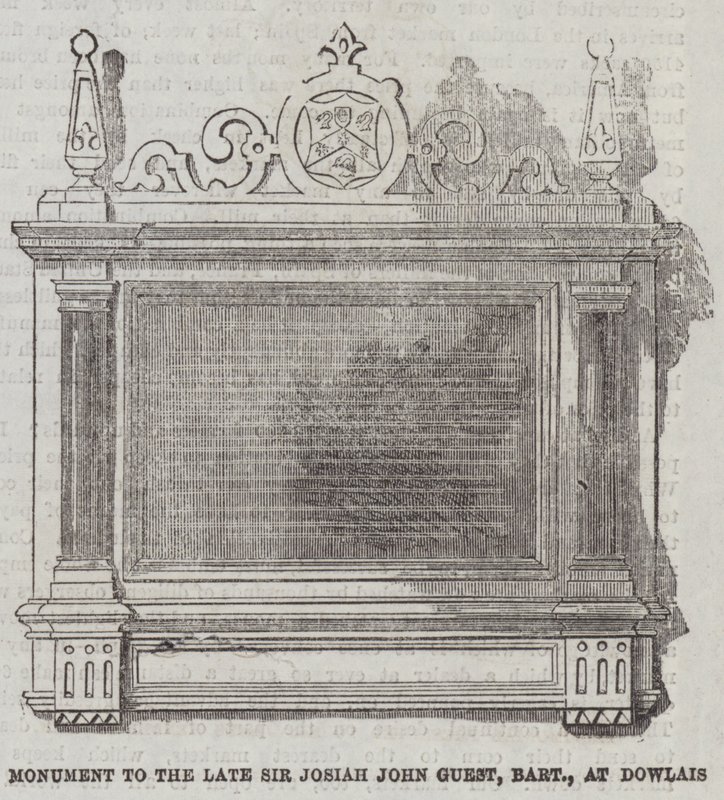 Pomnik zmarłego sir Josiaha Johna Guesta, Baroneta, w Dowlais (rycina) autorstwa English School