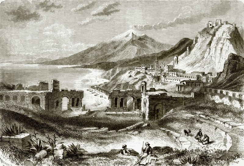 Etna (widok z Taurominium), na Sycylii autorstwa English School
