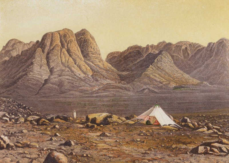 Góra Synaj, Horeb, z równiny En-Raheh, Exodux XIX 2 (kolorowa litografia) autorstwa English School