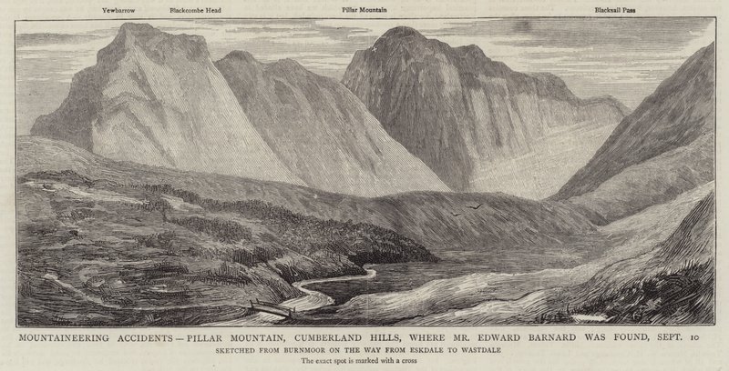 Wypadki alpinistyczne, Pillar Mountain, Cumberland Hills, gdzie znaleziono pana Edwarda Barnarda autorstwa English School